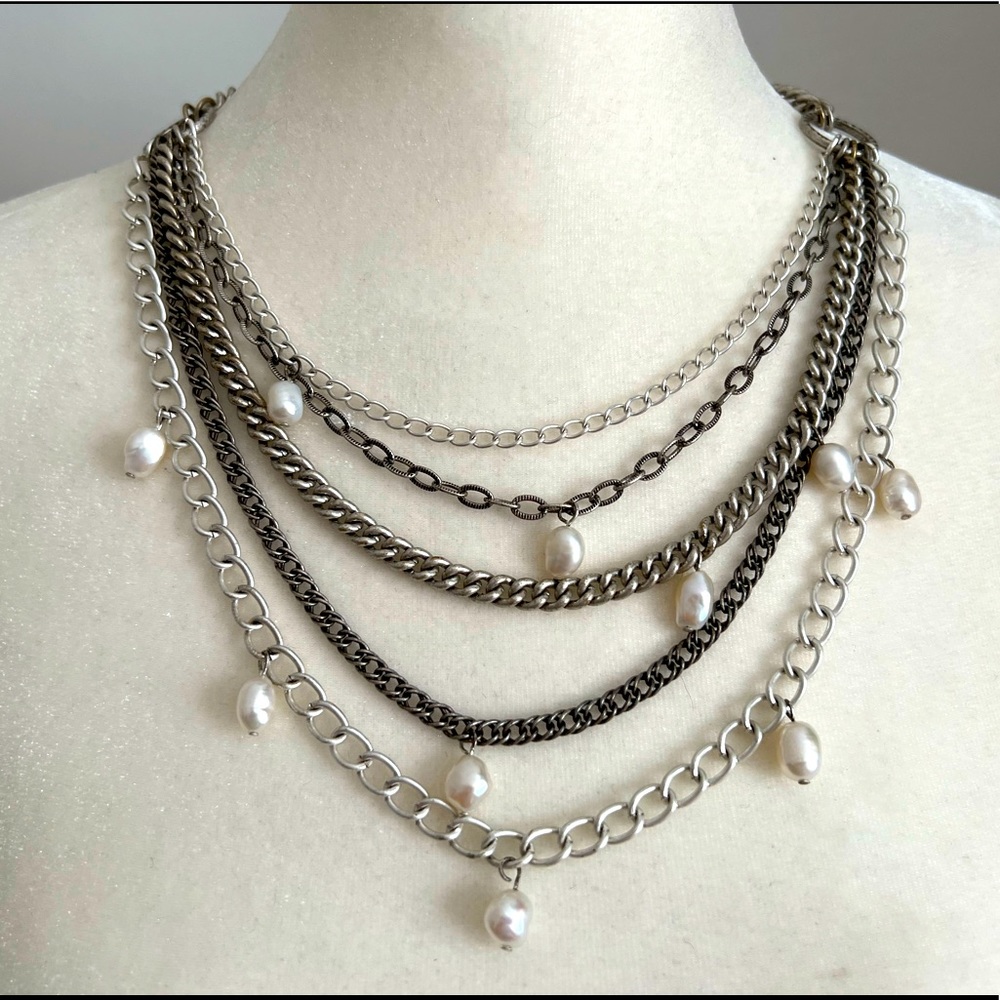 Stella & Dot multi strand silver & pearl necklace.